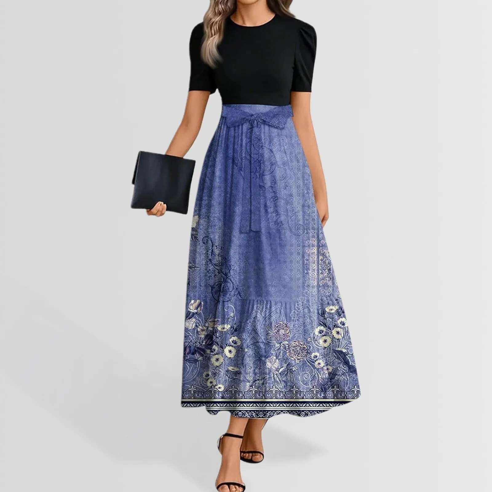 Dongdumaoyi Women S Summer Floral Print Dress Short Sleeve Elegant Round Neck Back Zipper Casual Dresses For