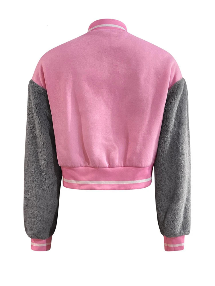 LW Winter Cropped Baseball Jacket Womens Casual Patch Work Letter Graphic Coats Single Chest Autumn Clothing 250409
