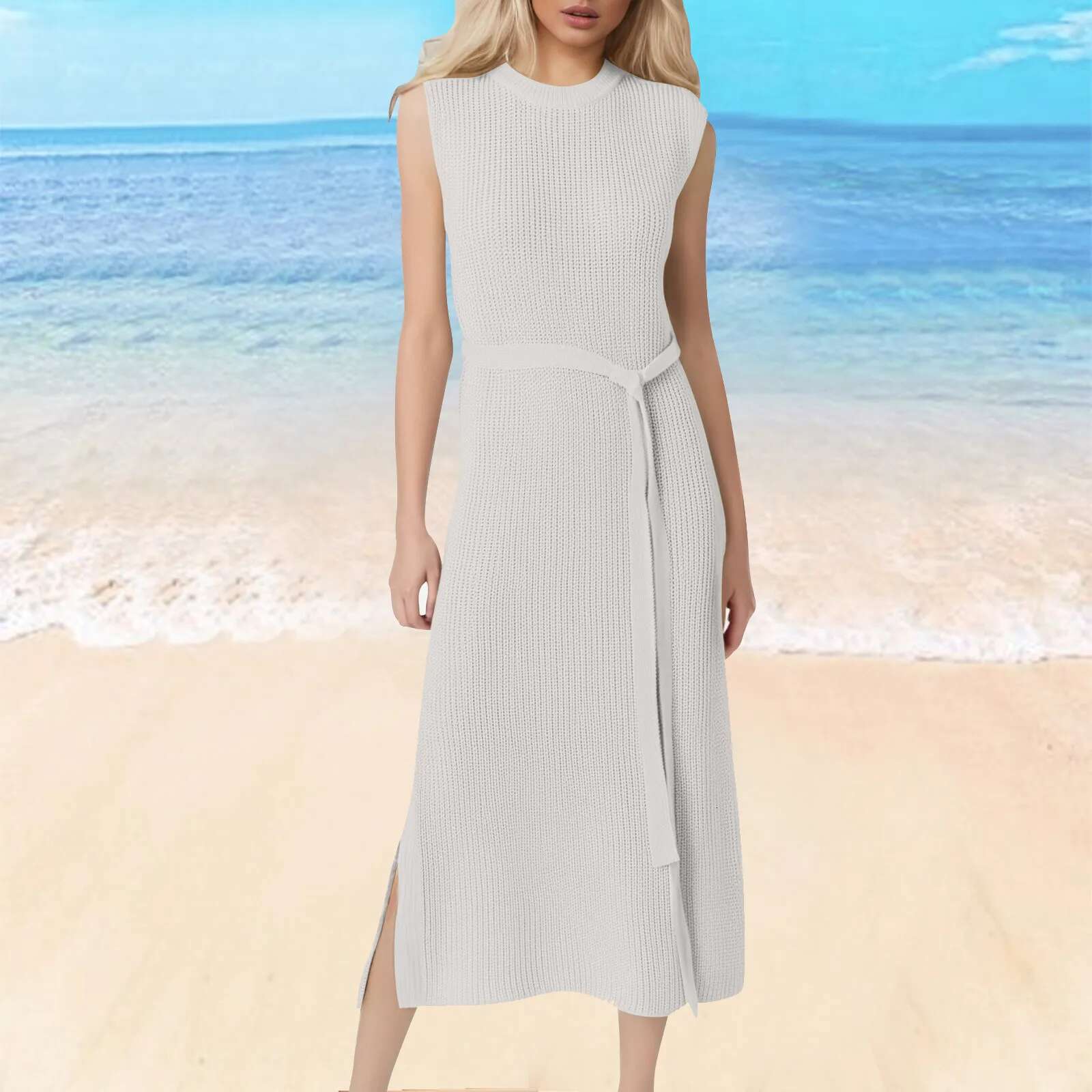 Dongdumaoyi Women Dress Knitted Tank Top Long Round Collar Solid Sleeveless Pleasantly Slim Fit Drawstring Pleated Dresses