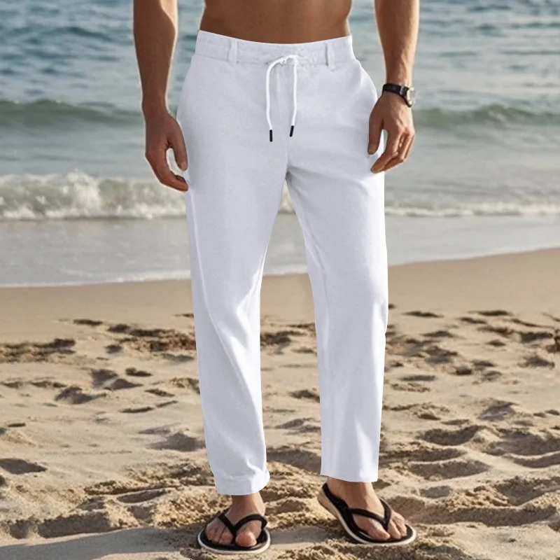 2024 Mens Trousers Spring and Autumn Drawstring Simple Fashion Solid Color Daily Casual Cotton Linen Straight Trousers 250408
