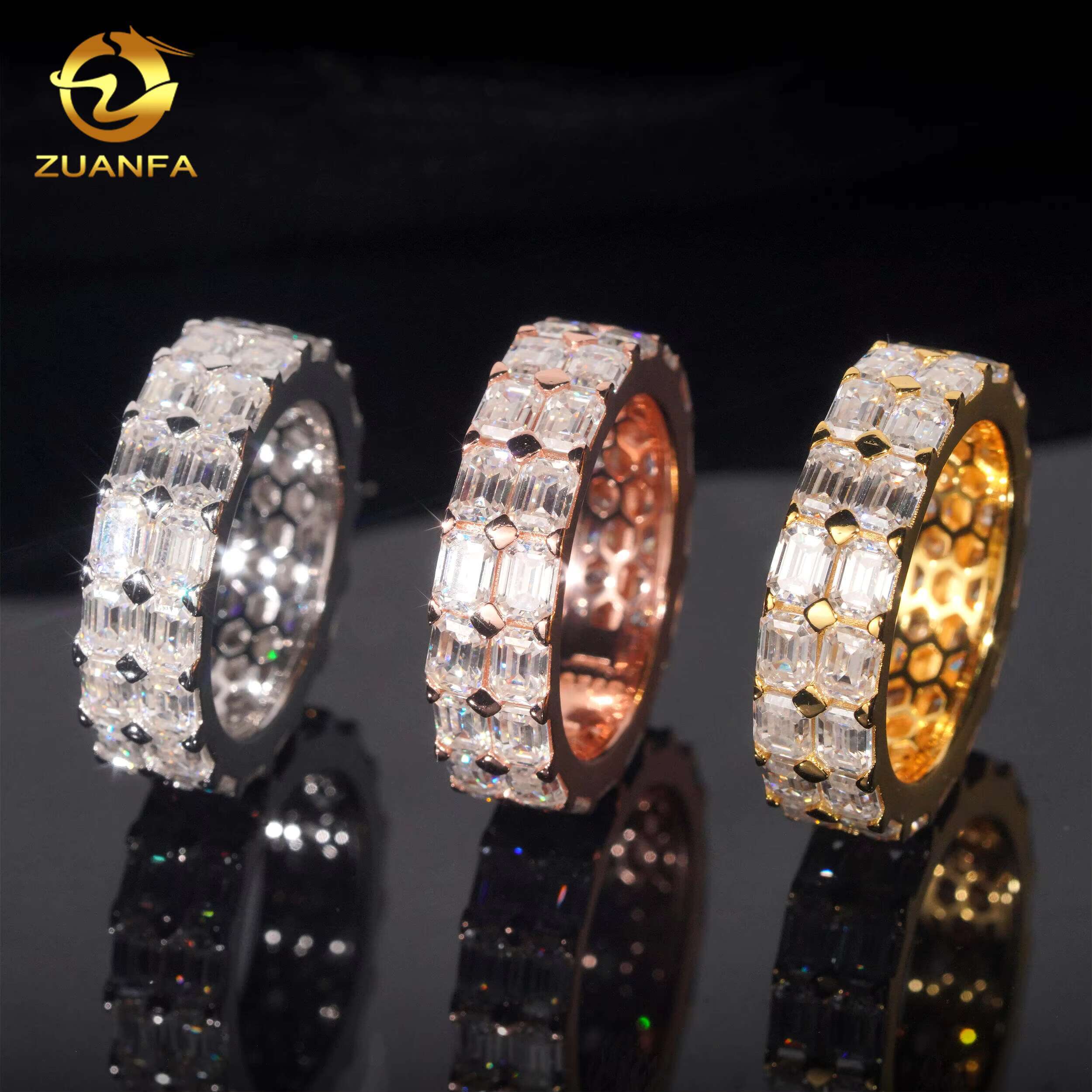 Hip Hop Ring Two Row Baguette Moissanite S925 Prong Setting Hip Hop Jewelry Rapper Ring Factory Price Iced Out Ring for Man
