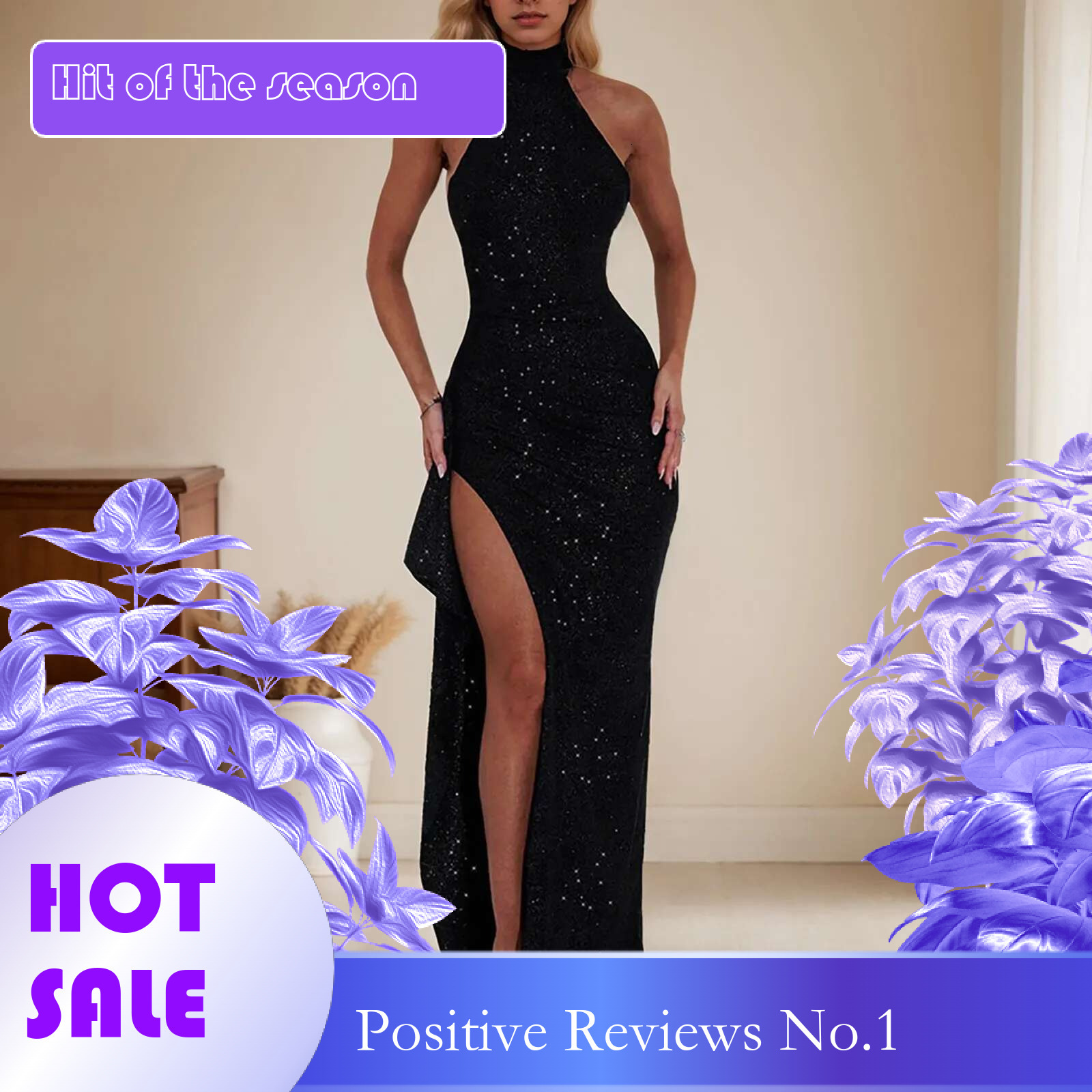 Dongdumaoyi Ladies Halter Sequin Dress Women Sleeveless Backless Side Split Evening Party Black Dresses Female New In
