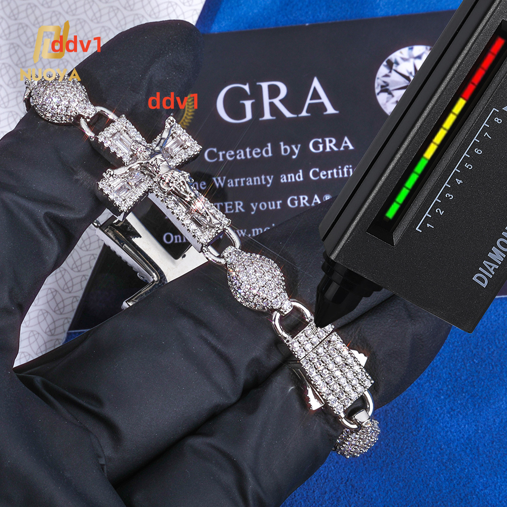NUOYA Cuban Link Bracelet 925 Silver Baguette VVS Moissanite Iced Out Infinity Cross Jesus Charm Hip Hop Fine Jewelry