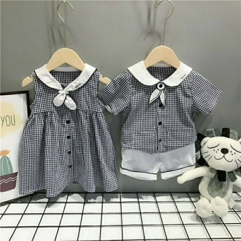 Korean version brother and sister checkered outfit summer mens treasure shirt twopiece set womens treasure dress new brother and sister checkered outf