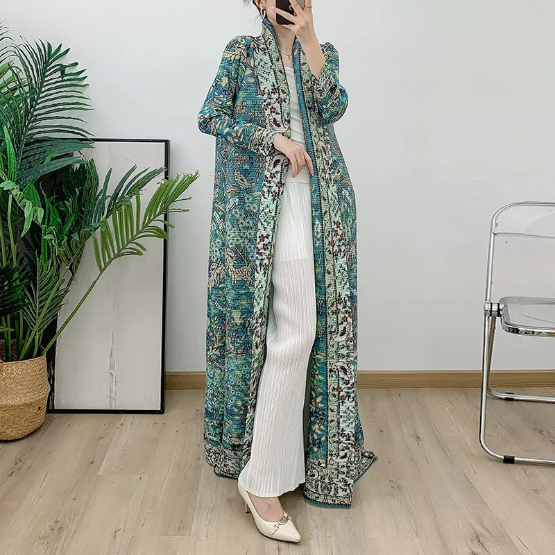 Abaya pleated tight fitting Muslim feminist print plus size long sleeved fashionable and elegant cardigan 250409