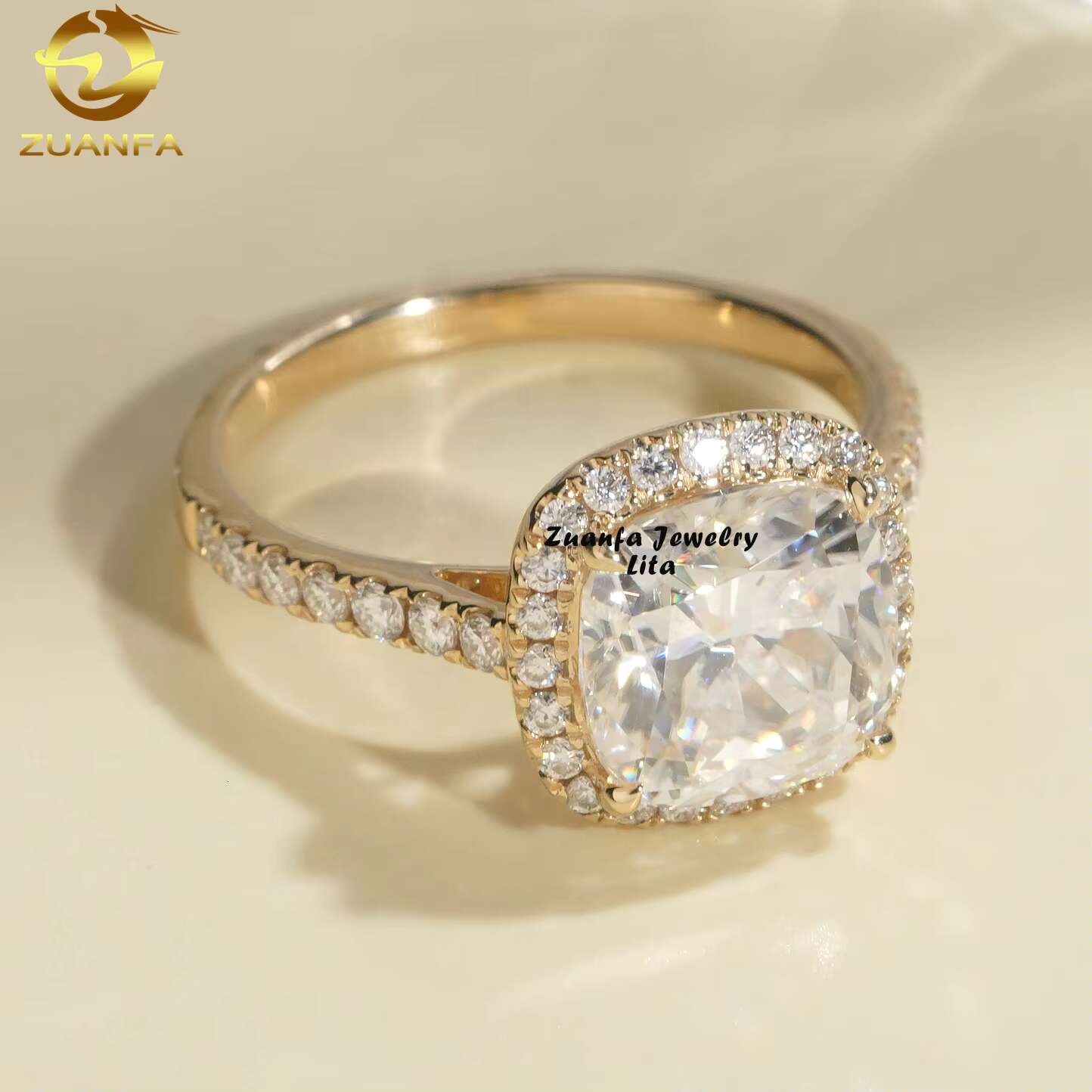 Hot Sale Fashion High Quality 14k Solid Gold VVS1 3ct Moissanite Cushion Cut Diamond Ring