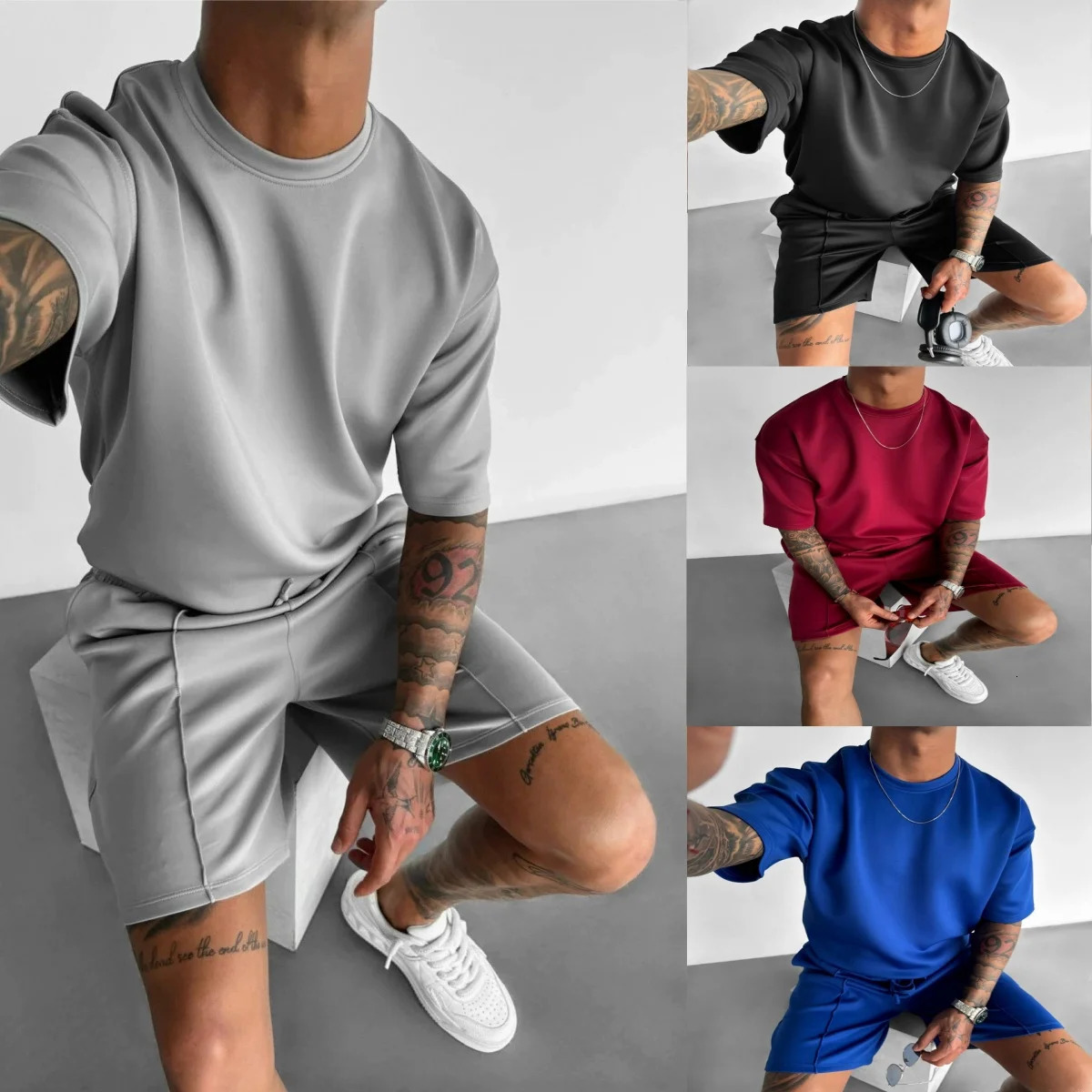 Summer Mens Casual Solid Color Short Sleeve Two Piece Classic Fashion Crewneck Street Sports Set 250409