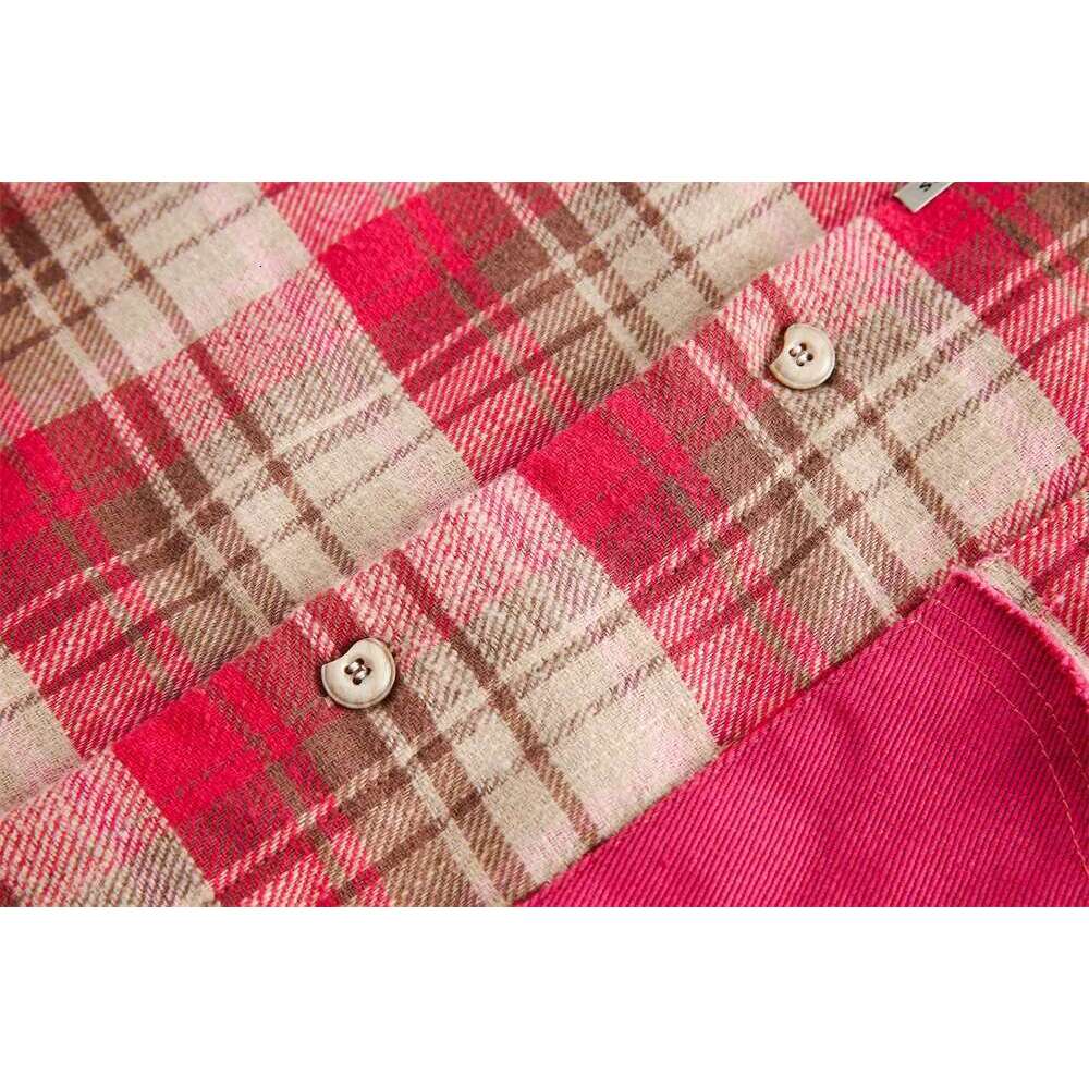 Patchwork Plaid Mens Spring High Street Single Breasted Loose Lapel Long Sleeve Raw Edge Shirts Men