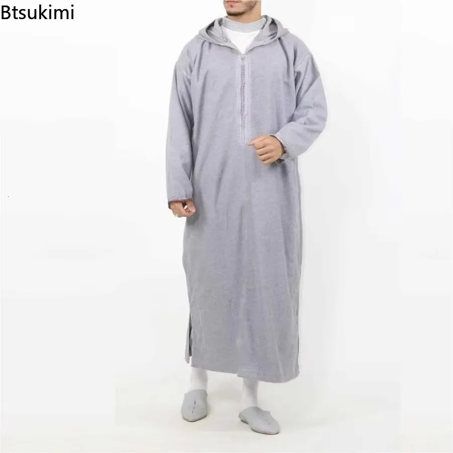 Muslim mens casual Jubba Thobe fashion Abayas Middle Eastern ethnic style hooded long robe Pakistani Islamic clothing 250409