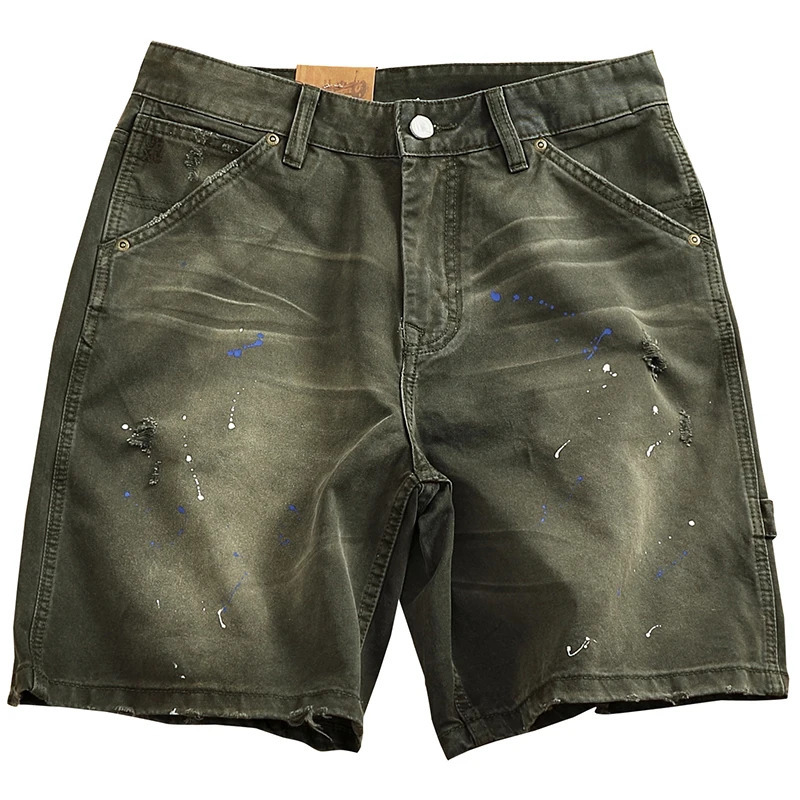American Retro Cowboy Cargo Shorts for Men in Summer 100% Cotton Washed Used Spray Painted Straight Casual 4point Pants 250409