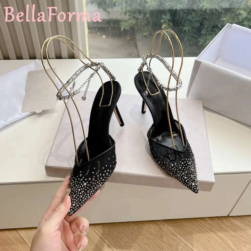 Women's Mesh Chain Shoes Sexy Mature Classic Banquet Wedding Dress Sgback Pointed V-Shaped Crystal High Heels Sandals