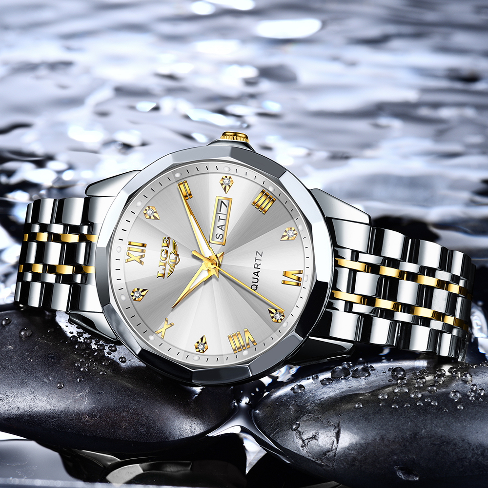 LIGE Men's Quartz Watch Classic Business Watch Double Calendar Three Pin Watch Stainless Steel strap Teen Watch Student Watch Quarzuhr