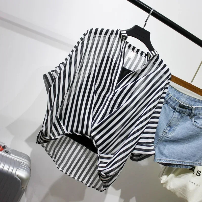 Summer twopiece chiffon shirt half sleeved loose Vneck womens elegant casual top 250409