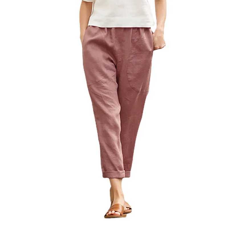 Womens elastic waist pocket pure cotton linen harem pants autumn spring Fe straight three person oversized S-5XL JYFS-HS1023XJ250403