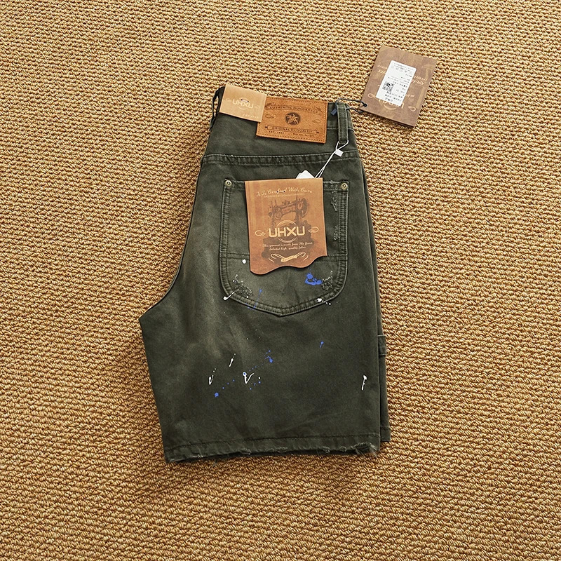 American Retro Cowboy Cargo Shorts for Men in Summer 100% Cotton Washed Used Spray Painted Straight Casual 4point Pants 250409