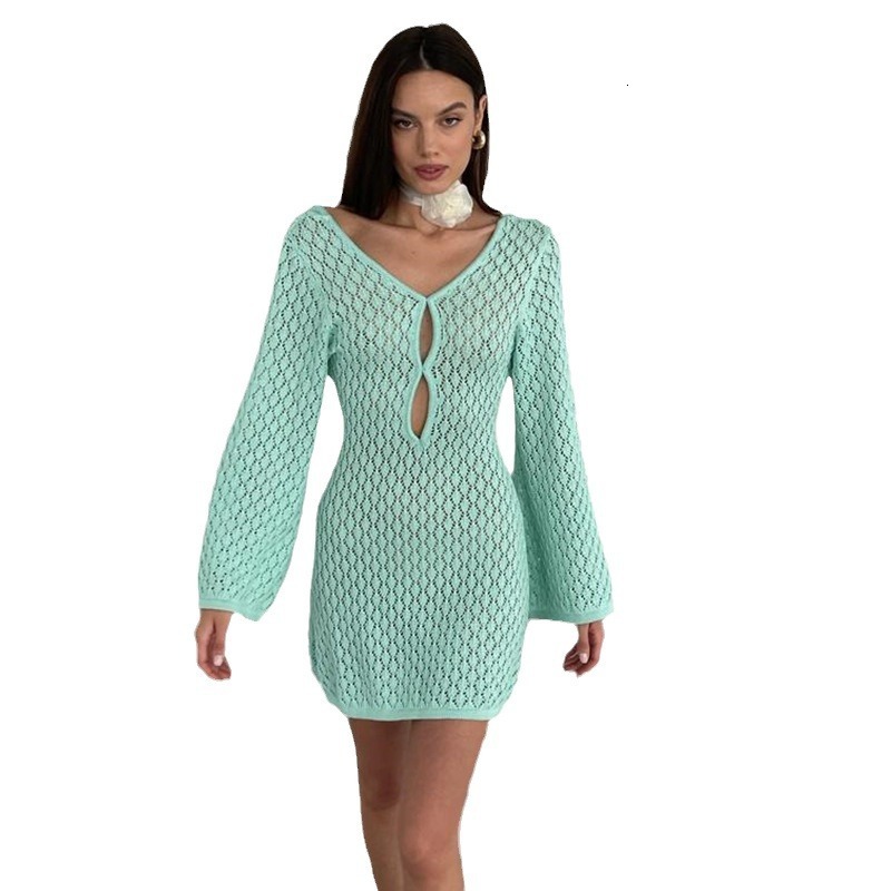 2025 Spring/Summer New Beach Skirt Womens Solid Color Sexy Knitted Hollow Hoodie Dress