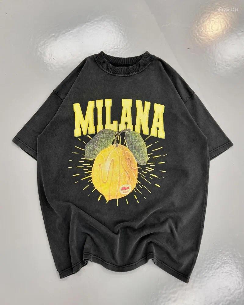High Street Fruit Letter Print Men's Casual Short Sleeve Oversized Cotton T-shirt Men Style Summer Top Harajuku Loose Couple