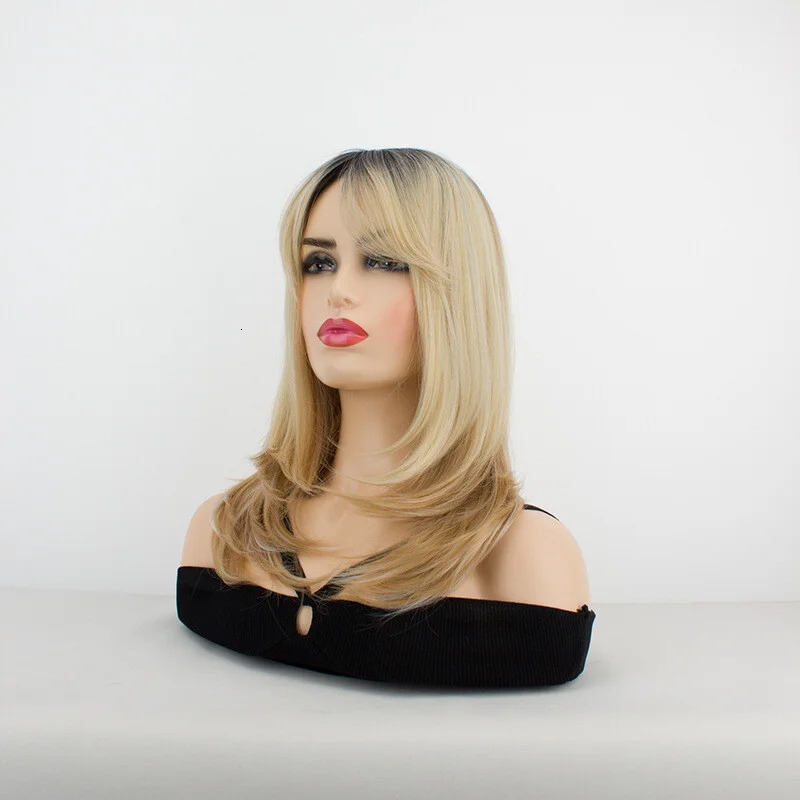 Womens light brown mixed color gradient hair with slightly curled tail wig 250407
