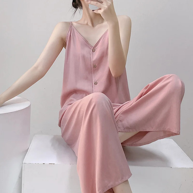 Lightweight y cotton silk pajama set for women spring and autumn pendant twopiece casual wear loose simple solid 250409