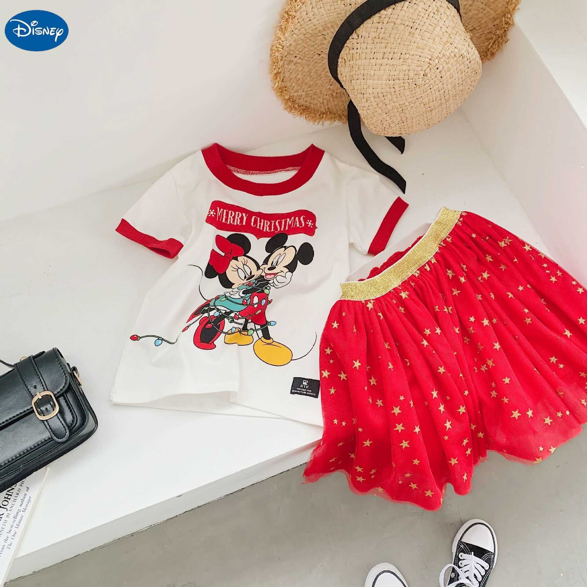 Disney 21107 Summer New Product Cartoon Printed Short Sleeve Star Mesh Red Half Skirt Girls SetXJ250409