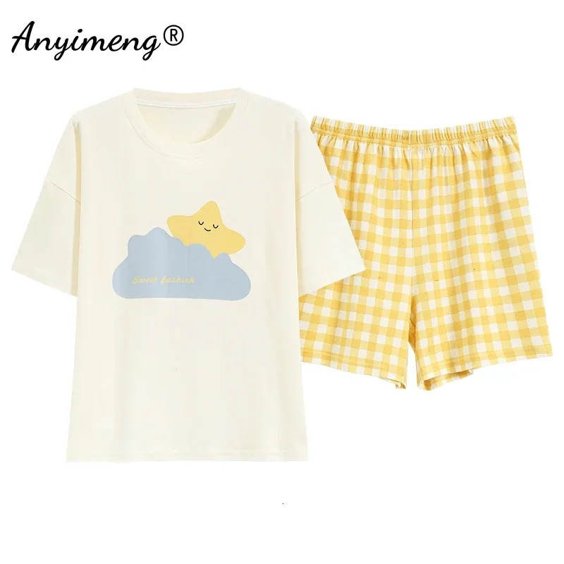 M4XL 100% pure cotton womens pajamas summer cartoon printed plus size short sleeved casual wear 250409