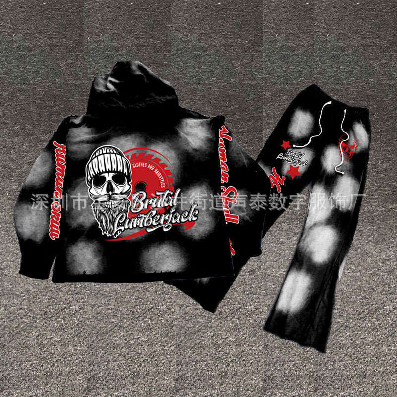 Women's Wear Spray Ma Liu Pure Cotton Hooded Sweatshirt, And Pants Set, Washed With Water, No Hem Sweatshirt Print