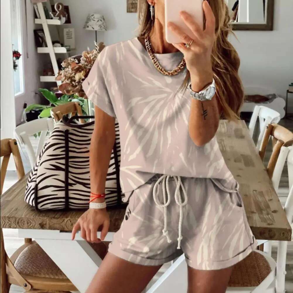 Suit Summer Women Two Pieces Set O Neck Short Sleeve T-shirt Drawstring Shorts Tie Dye Outfit Sports Running Sets