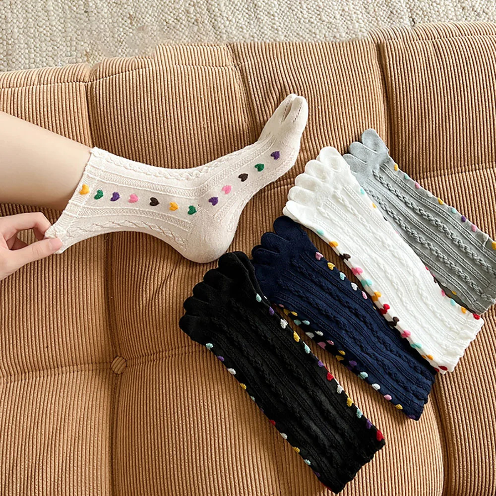 Ins Colorful Heart Braid Five Finger Socks For Women Spring Autumn Middle Tube Cotton Socks Breathable Crew Socks Streetwear 250409