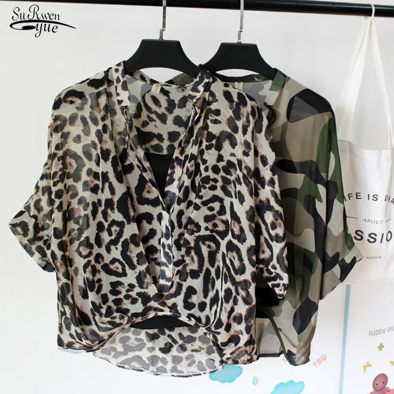 Summer twopiece chiffon shirt half sleeved loose Vneck womens elegant casual top 250409