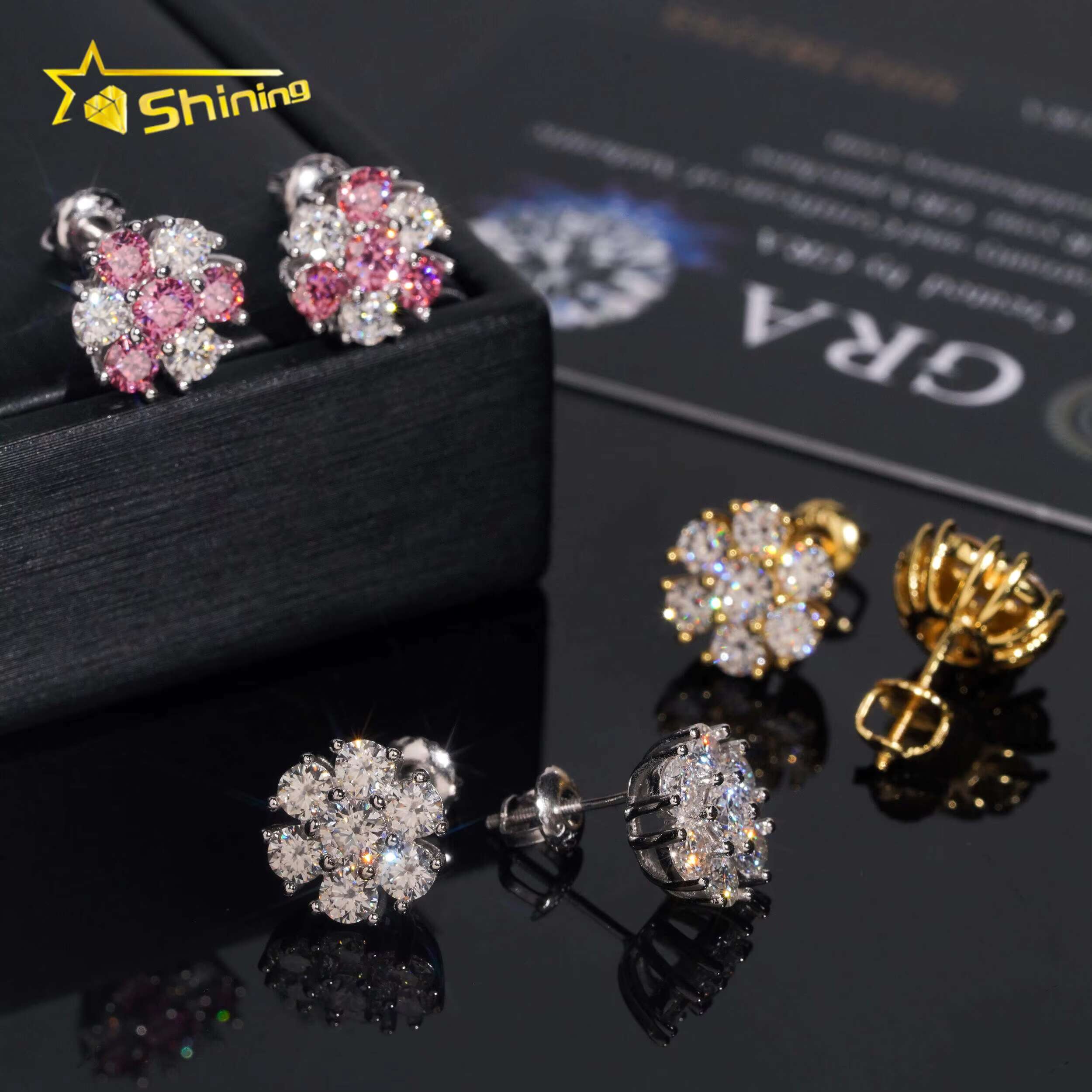 High Quality Hip Hop Pink Diamond Screw Back 925 Silver Cluster Flower Men VVS Moissanite Earrings