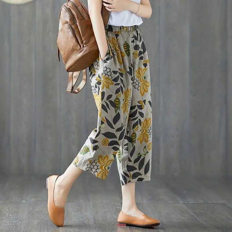 Summer harem pants for women retro fashion printed loose cotton linen pants womens casual wide leg pantsXJ250403