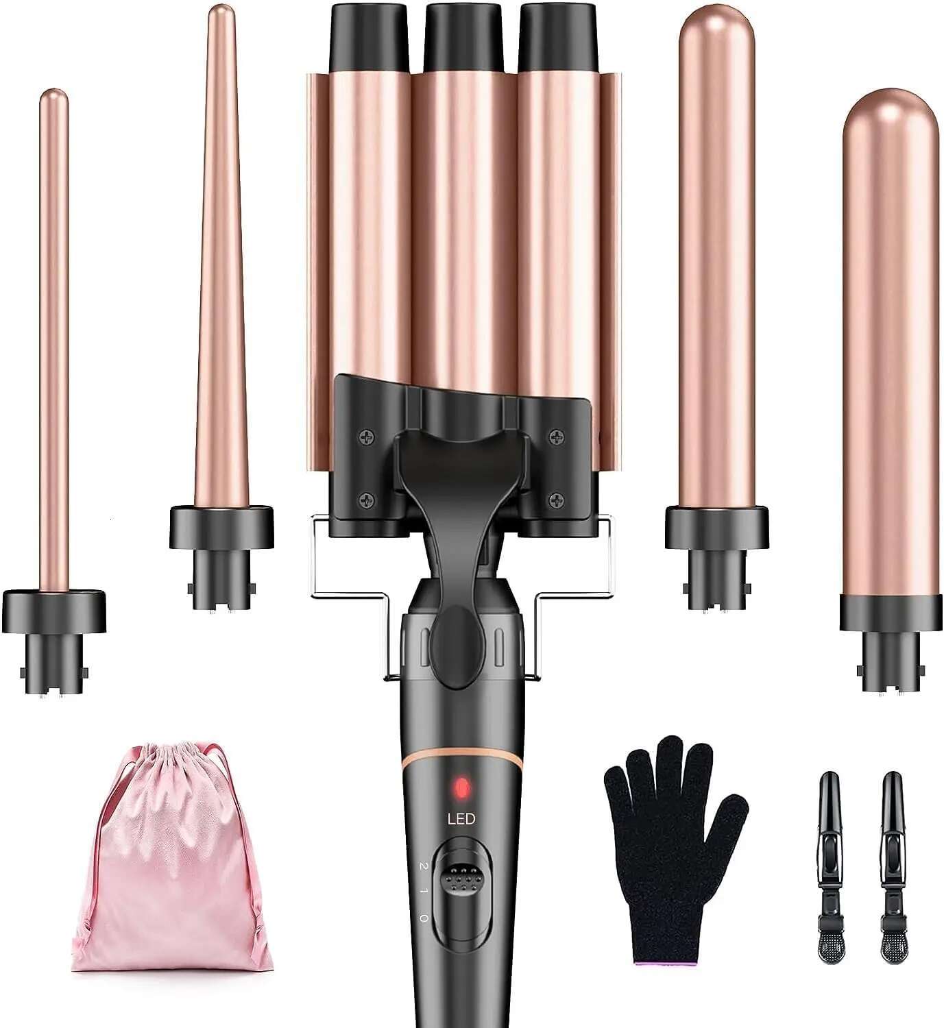 BESTOPE PRO Waver Iron - 3 Barrel Crimper Iron, 5 In 1 Curg Set, Fast Heating Up Hair Wand With 2 Clips, Cr