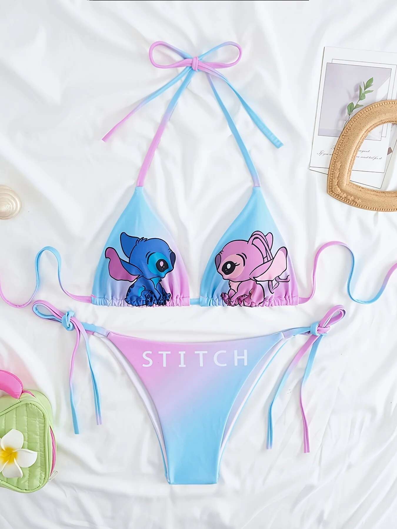 2 pcs/a set Cute Cartoon Gir Bikini Small Breast Gathers Beach Vacation Style