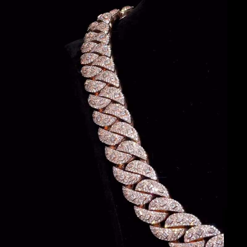 Luxury Custom Moissanite 18mm Cuban Chain 925 Sterling Silver Rose Gold Plated GRA Moissanite Cuban Link Chain Necklace Bracelet