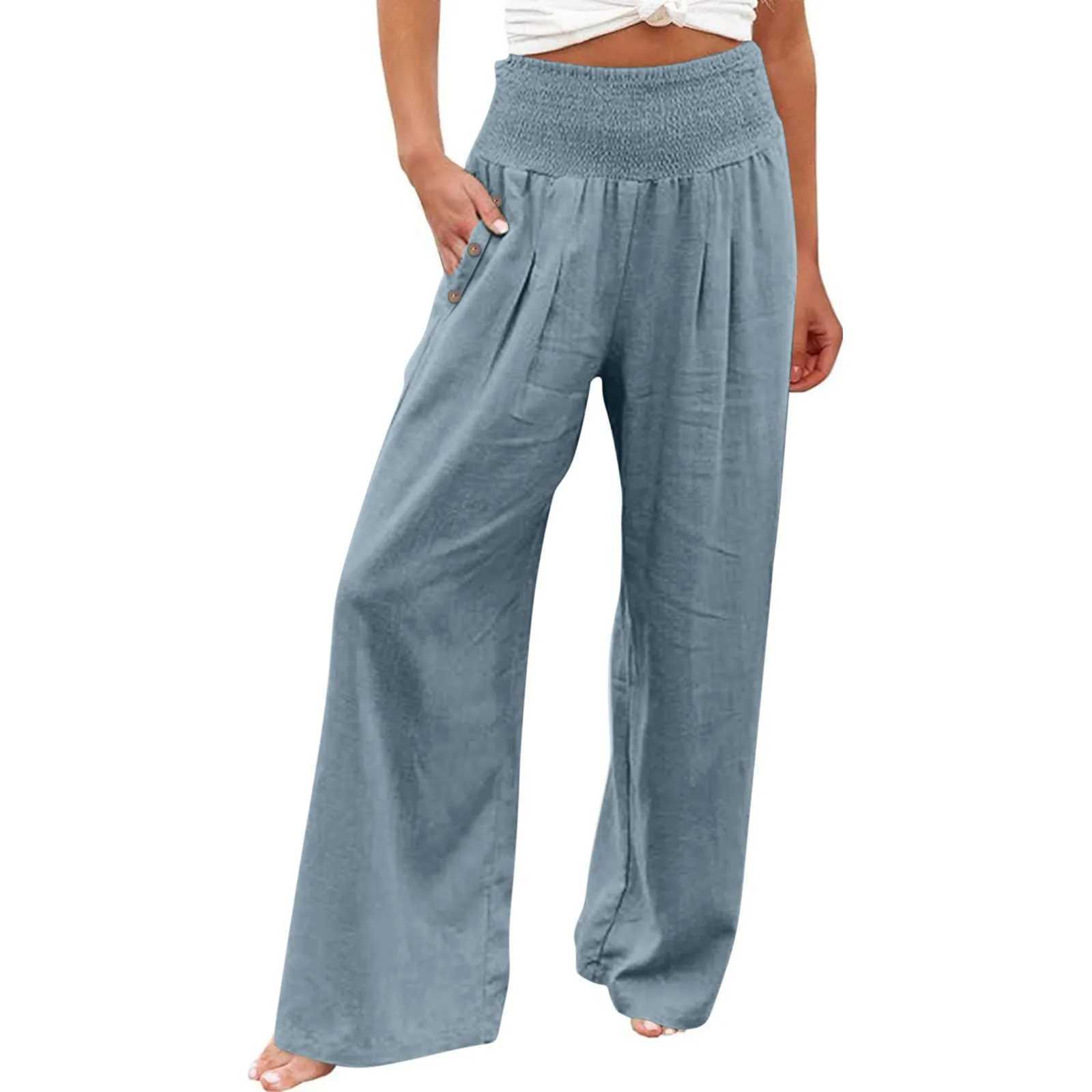 Summer cotton linen wide leg pants for women loose Palazzo pants with pockets elastic waist buttons womens casual pantsXJ250403