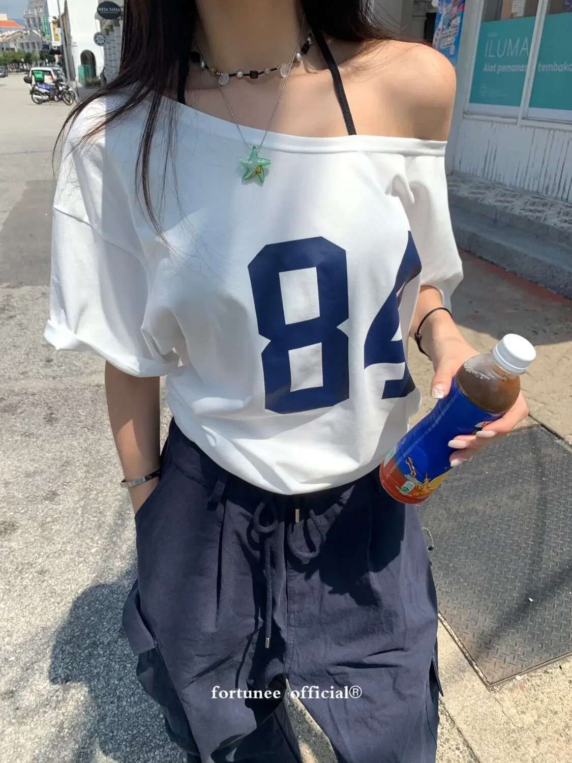 84 Print Short Sleeve One Shoulder T-shirt Street Style Tee Vintage Streetwear Y2K Tops Women Korean Summer White T Shirt