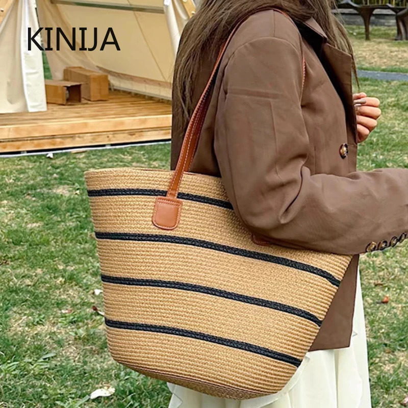 Summer striped handbag straw bag womens beach outdoor travel vacation large capacity shoulder 250408