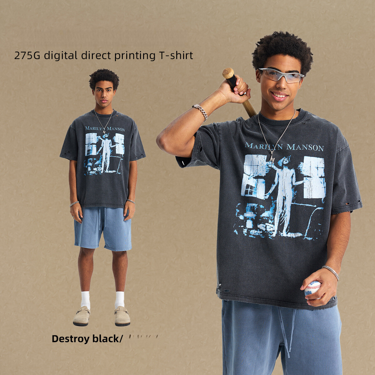 2025 Spring/Summer New American Trendy Brand Large Men's T-Shirt with distressed cut and wash print for men