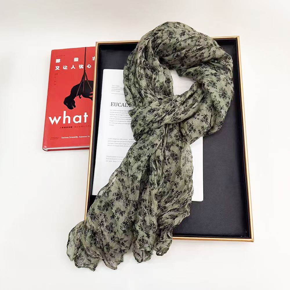 T440 literary retro cotton and linen floral scarf warm new style pleated autumn and winter color matching ethnic all-match shawl neck scarf