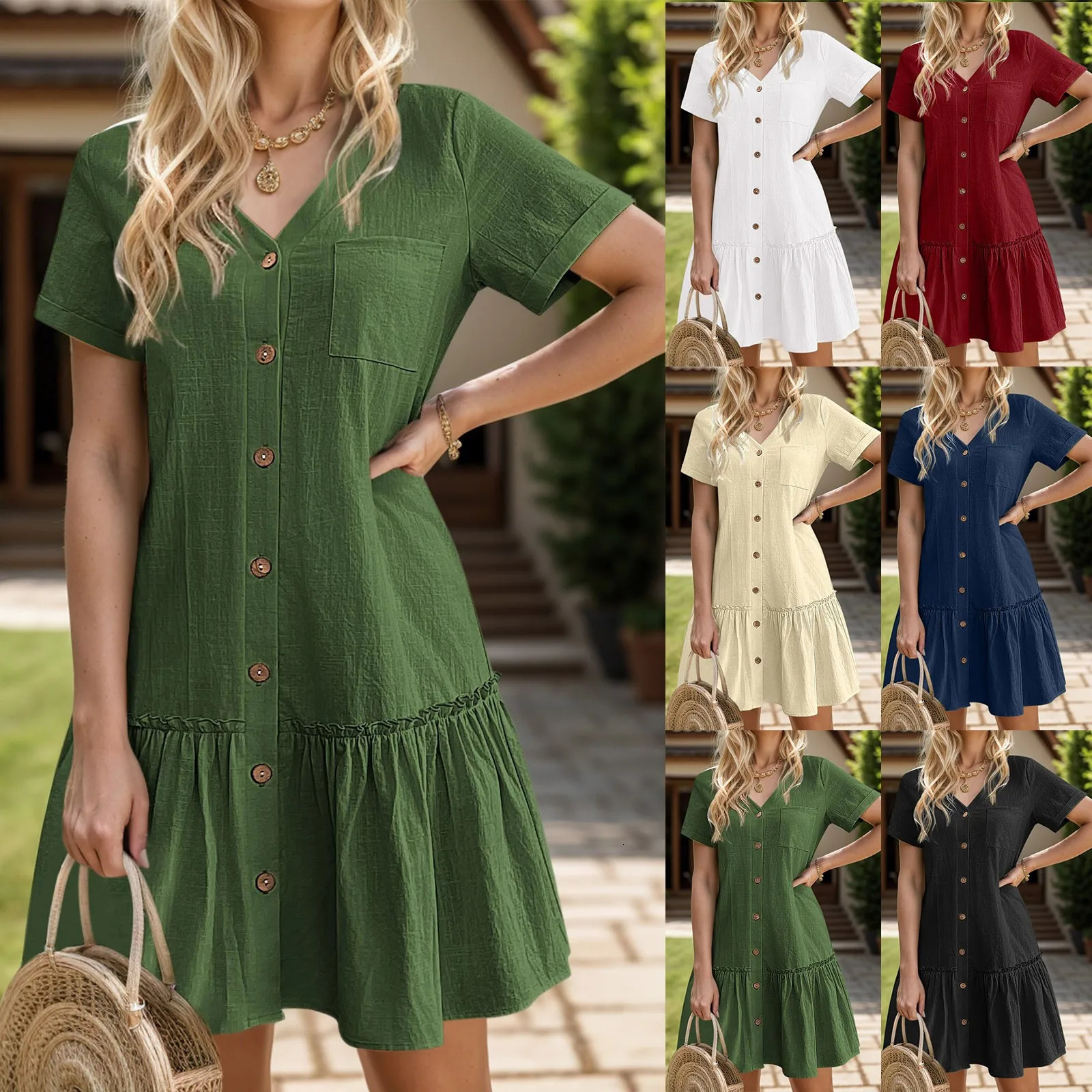 Womens dress set womens button up loose summer cotton linen shirt pleated casual tuning 250409