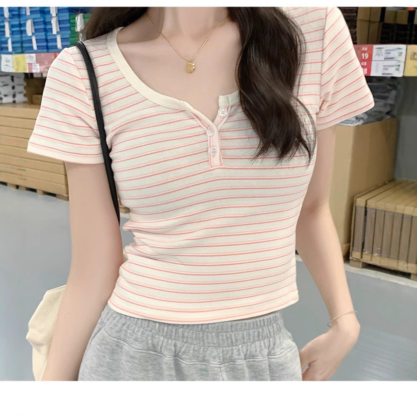 2025S Designer Women S T Shirt Shoulder Striped Sleeved T Shirt For Women In Summer New Semi Open Collar Slim Fit And Slimming Student Short Top