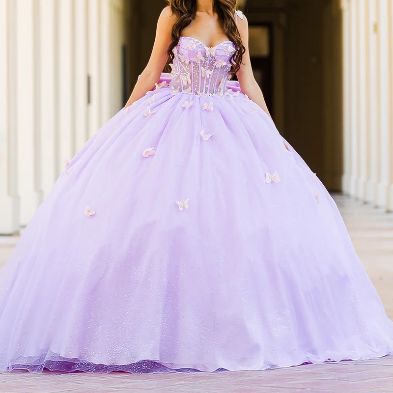 Lilac Shiny Princess Quinceanera Dresses Spaghetti Strap Beading Crystal Bow Tull Sweet 16 Dress Ball Gown Vestidos 15 De Anos