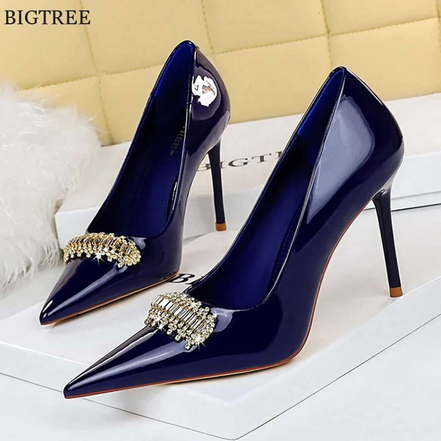 BIGTREE Crystal Party Shoes Women Blue White Patent Leather Fashion Female High Heels Shallow Wedding Pumps Stiletto 2025