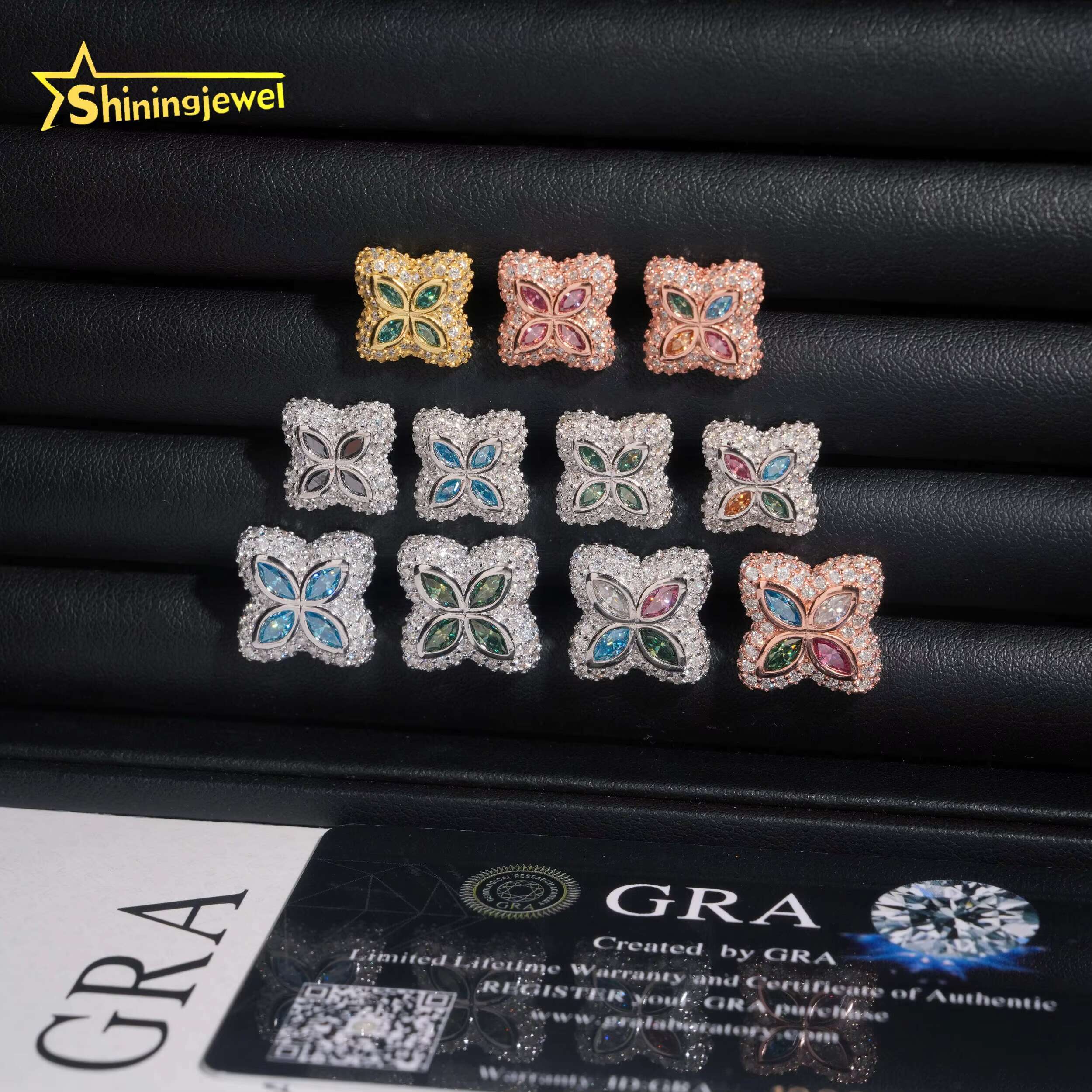 Hot Sale RTS Flower Earrings 15mm Pass Diamond Test Moisssanite Gold Plated Sterling Silver 925 Iced Out Screw Back Stud Earring