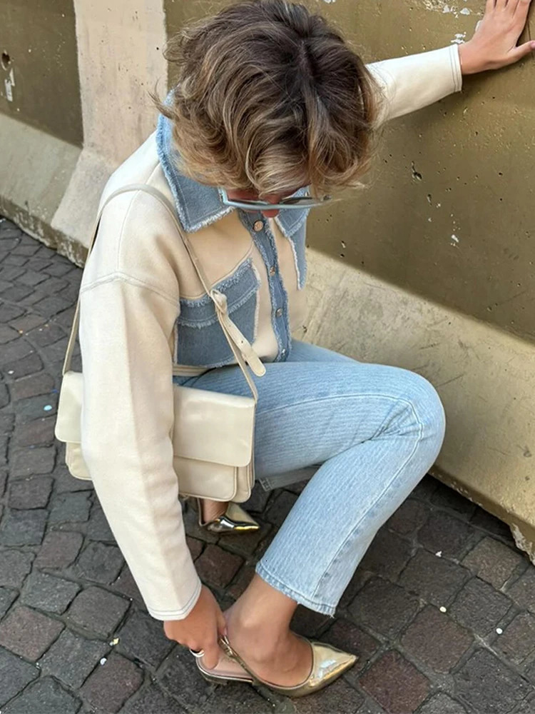 Y2k Womens Cowboy Splicing Jacket with Collar and Long Sleeve Jeans Comes Wrap Spring Casual ner 250409