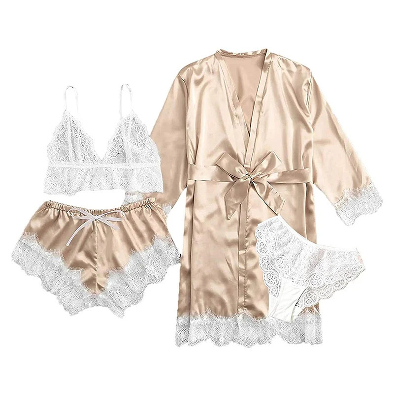 Womens summer sexy sleepwear set 4 pieces of lace satin silk fashionable and comfortable 250409