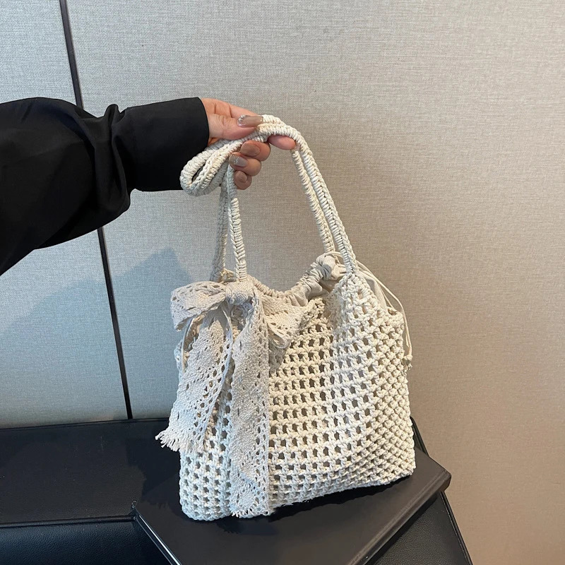Arrival hollow lace bow shoulder bag womens large capacity straw handbag retro travel beach shopping 250408