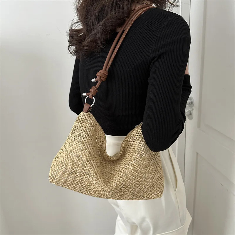 Knitted patchwork bag casual shoulder beach handbag 250408