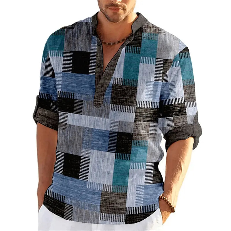 Patchwork 3D Print Color Block Henley Shirts Mens Fashion Vintage Stand Collar Long Sleeve Shirt Male Tops Blouse Man Clothing 250408