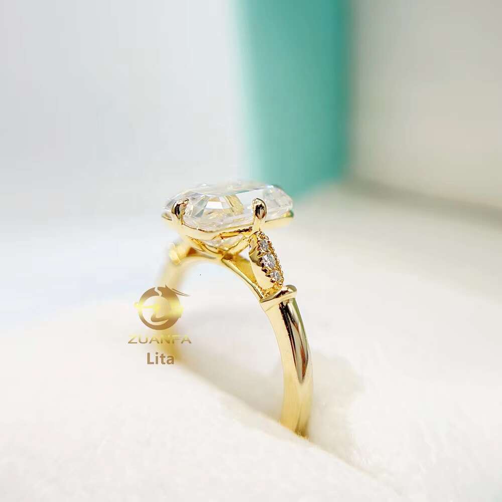 Drop Shipping Pass Diamond Tester 14k Solid Gold Engagement Rings Women Emerald Cut 7*10.5mm Customs Moissanite Ring